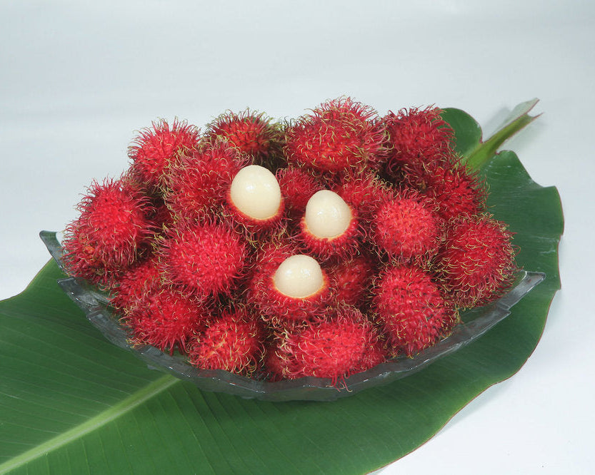 Platter of fresh rambutan fruit from Hawaii.